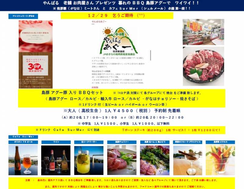 12/29(火)【やんばる老舗お肉屋さんプレゼンツ 暮れのBBQ島豚アグーでワイワイ！】を開催致します♪